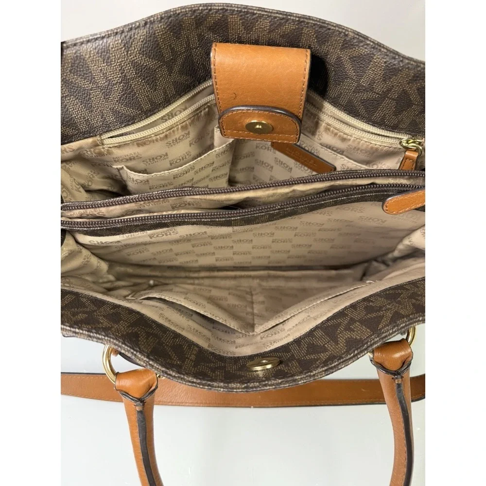 Michael Kors Hamilton East West Brown Leather Purse Handbag Tote MK Logo Print - Picture 7 of 8